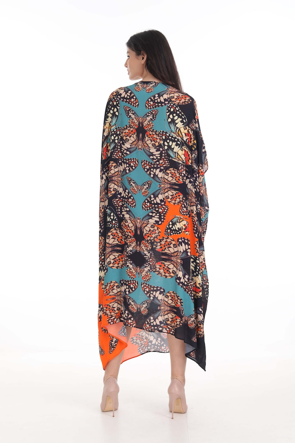 Back view of the Orange, White & Black Corasone Box Kaftan (TheSwankStore) Soft Viscose fabric