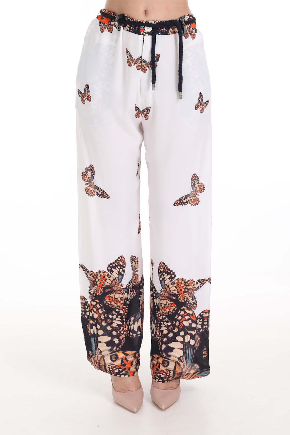 Front view of the Orange, White & Black Corasone Lucy Pants (TheSwankStore) Soft Viscose fabric