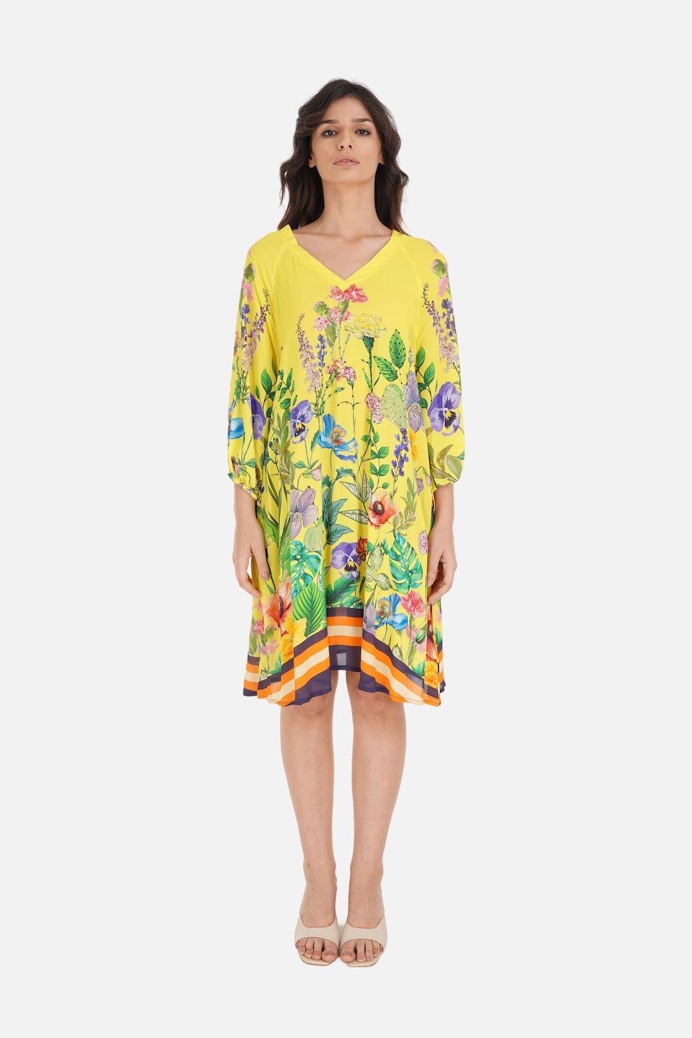 Yellow, green and black Calico Blouson Tunic Dress (TheSwankStore) Viscose Crepe fabric