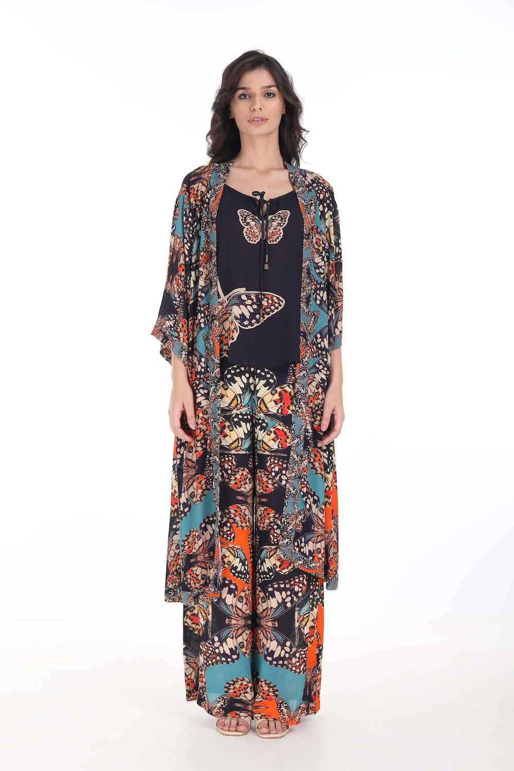 Front view of the Orange, White & Black Corasone Kimono Shrug (Long) (TheSwankStore) Soft Viscose fabric