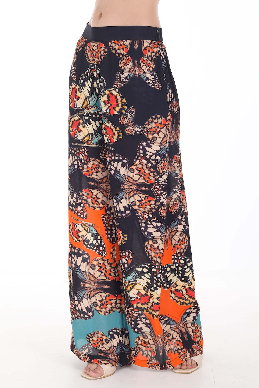 Side view of the Orange, White & Black Corasone Ivy Pants (TheSwankStore) Soft Viscose fabric