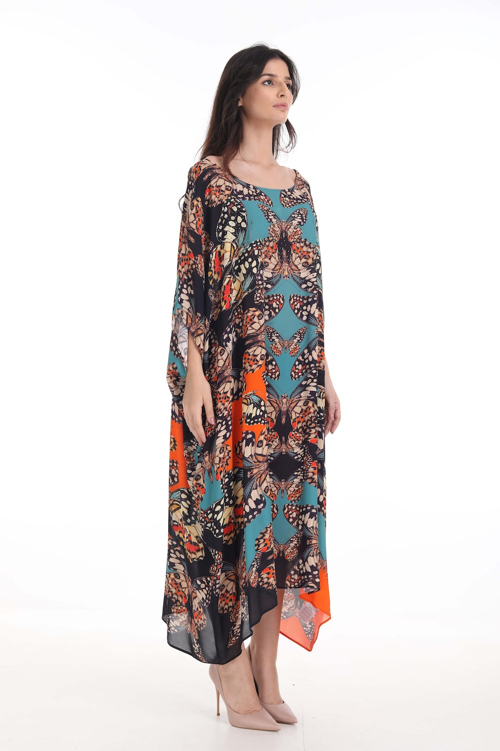 Side view of the Orange, White & Black Corasone Box Kaftan (TheSwankStore) Soft Viscose fabric