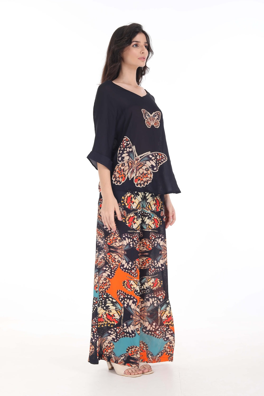 Side view of the Orange, White & Black Corasone Kaftan Top (TheSwankStore) Soft Viscose fabric