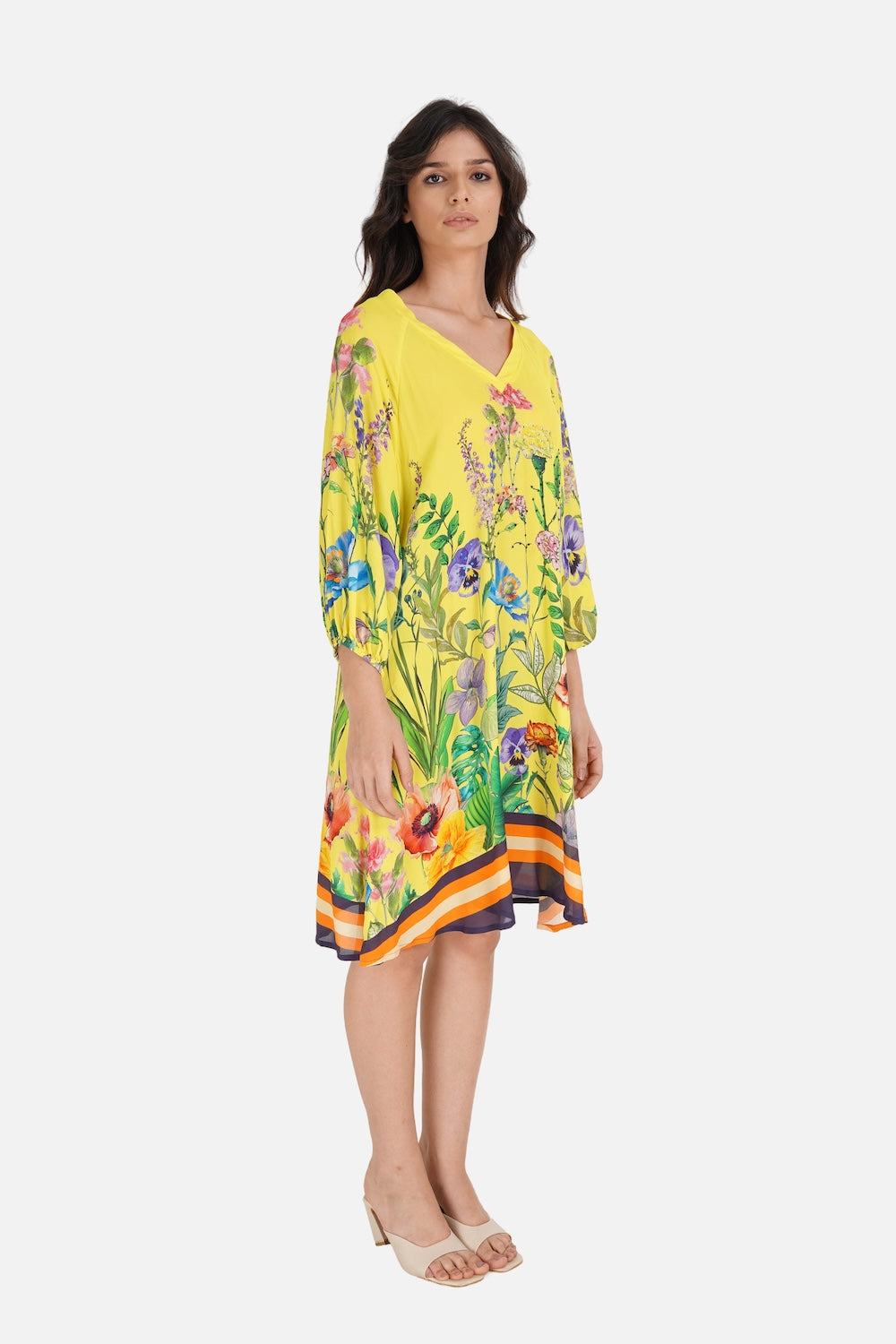 Yellow, green and black Calico Blouson Tunic Dress (TheSwankStore) Viscose Crepe fabric