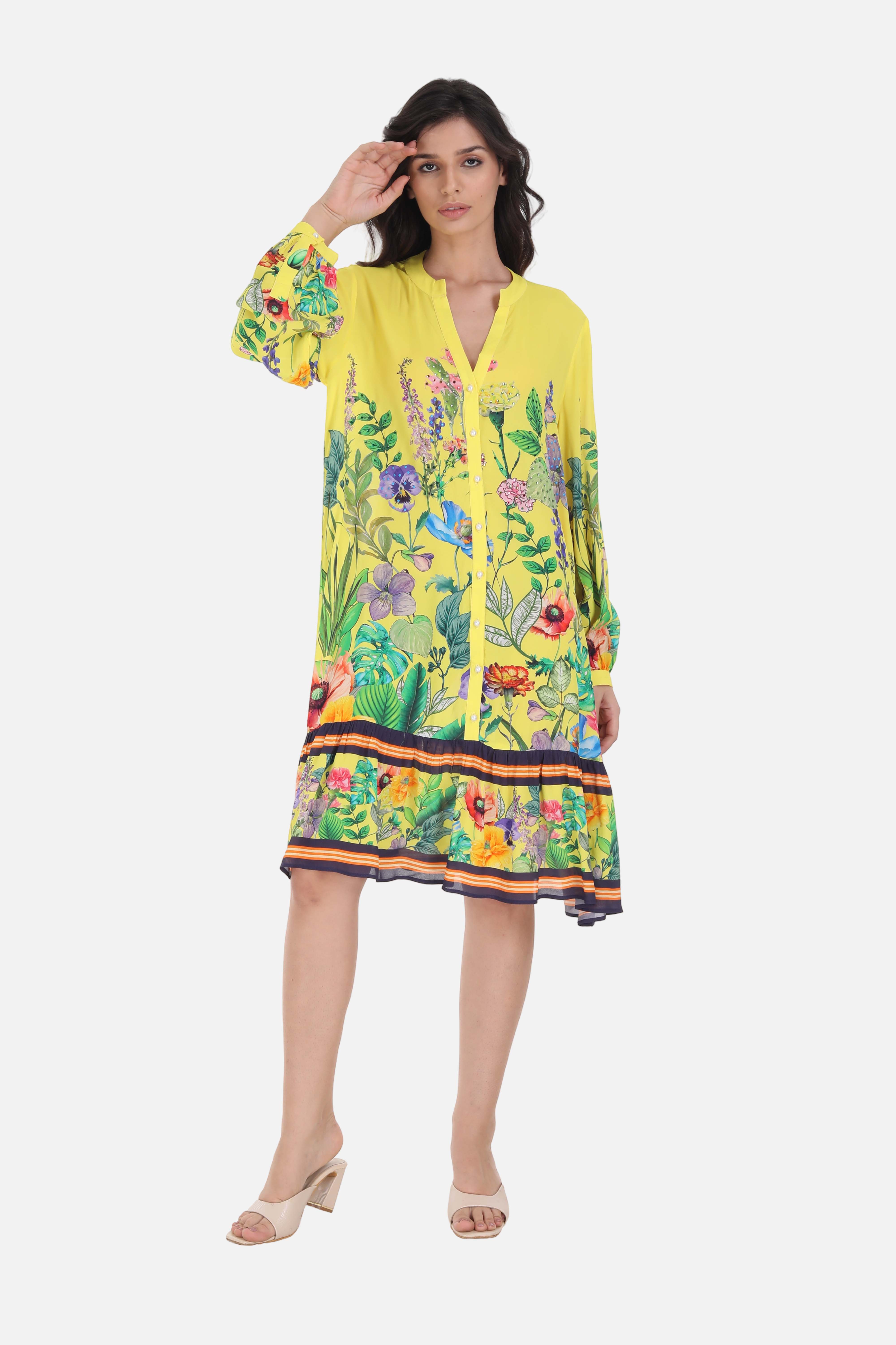 Yellow and green Calico Ava Dress (TheSwankStore) Viscose Crepe fabric