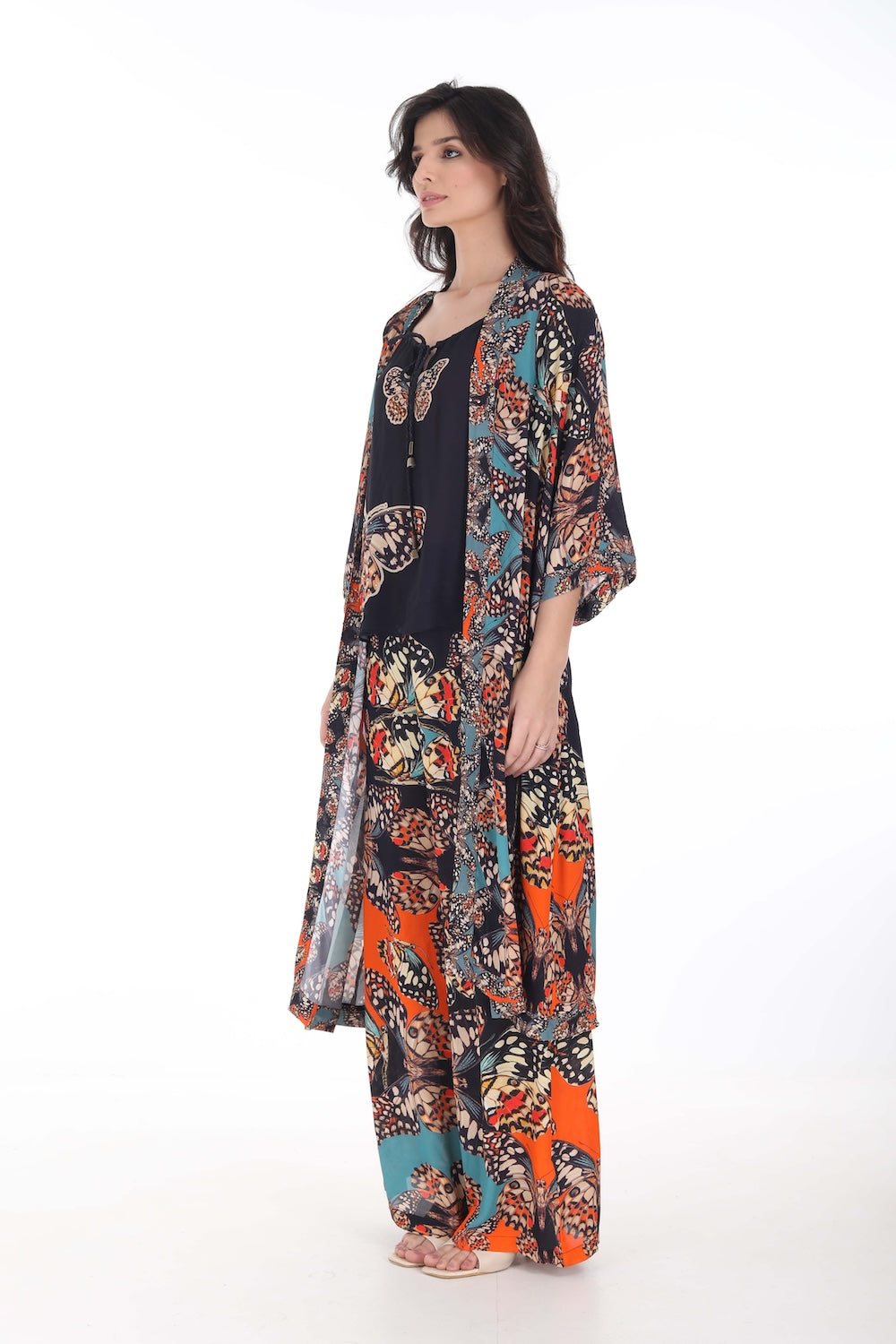 Side view of the Orange, White & Black Corasone Kimono Shrug (Long) (TheSwankStore) Soft Viscose fabric