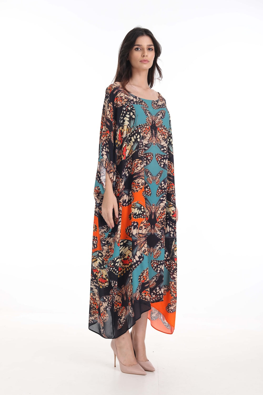 Side view of the Orange, White & Black Corasone Box Kaftan (TheSwankStore) Soft Viscose fabric