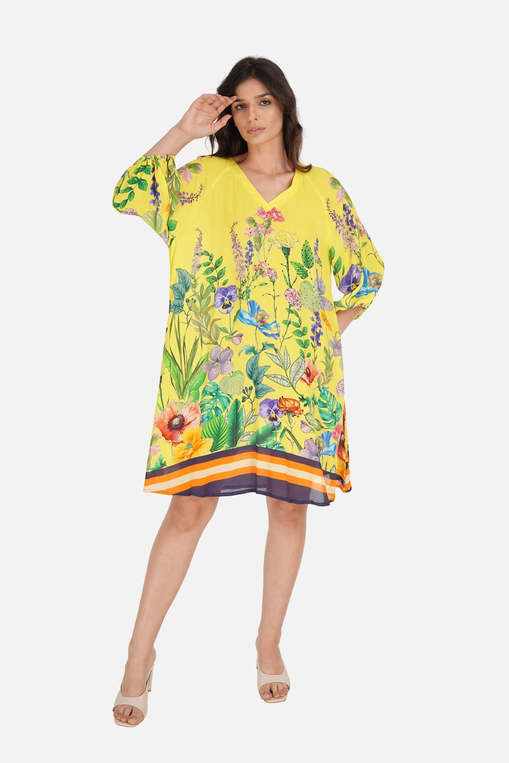 Yellow, green and black Calico Blouson Tunic Dress (TheSwankStore) Viscose Crepe fabric