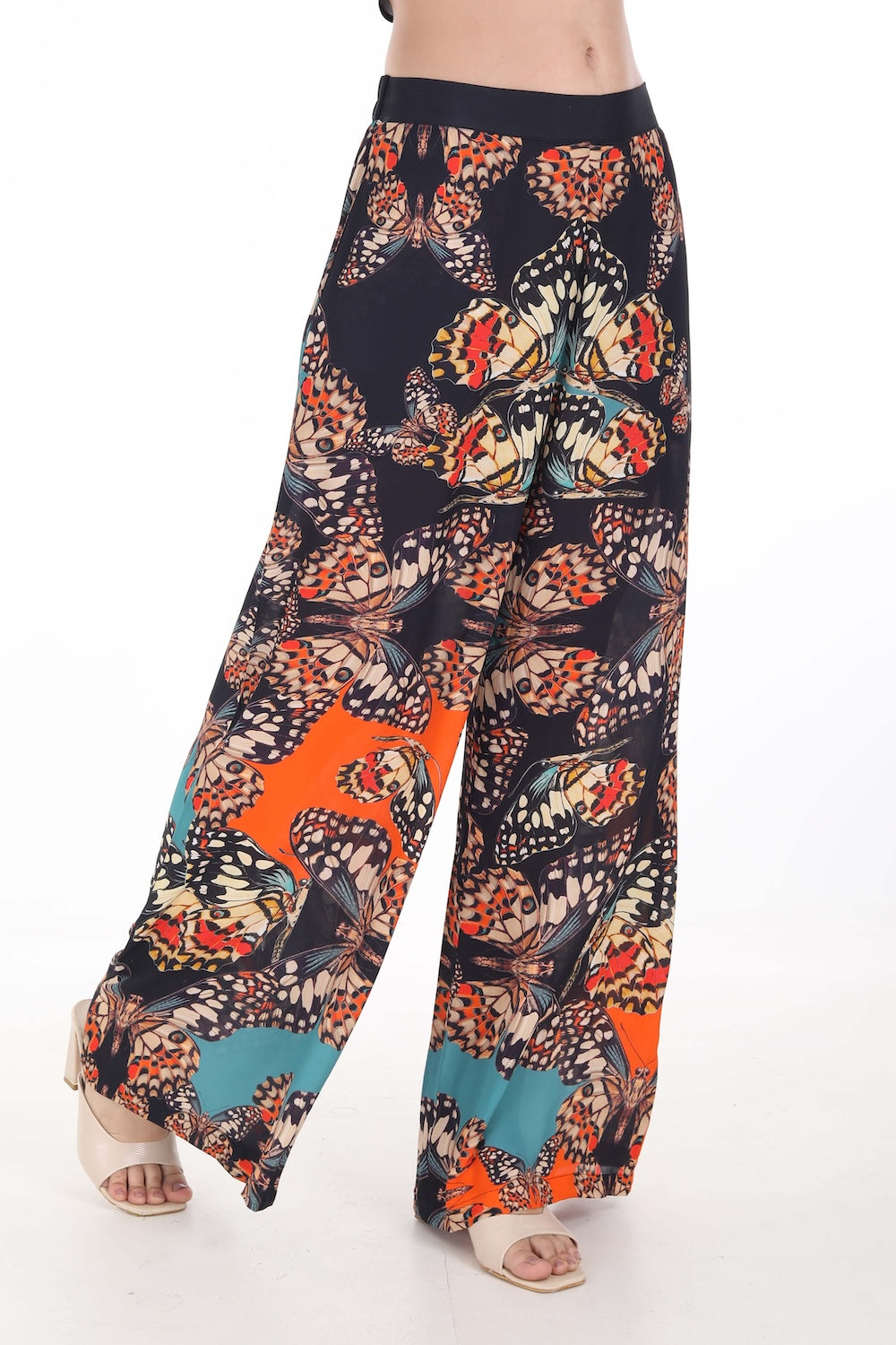 Front view of the Orange, White & Black Corasone Ivy Pants (TheSwankStore) Soft Viscose fabric