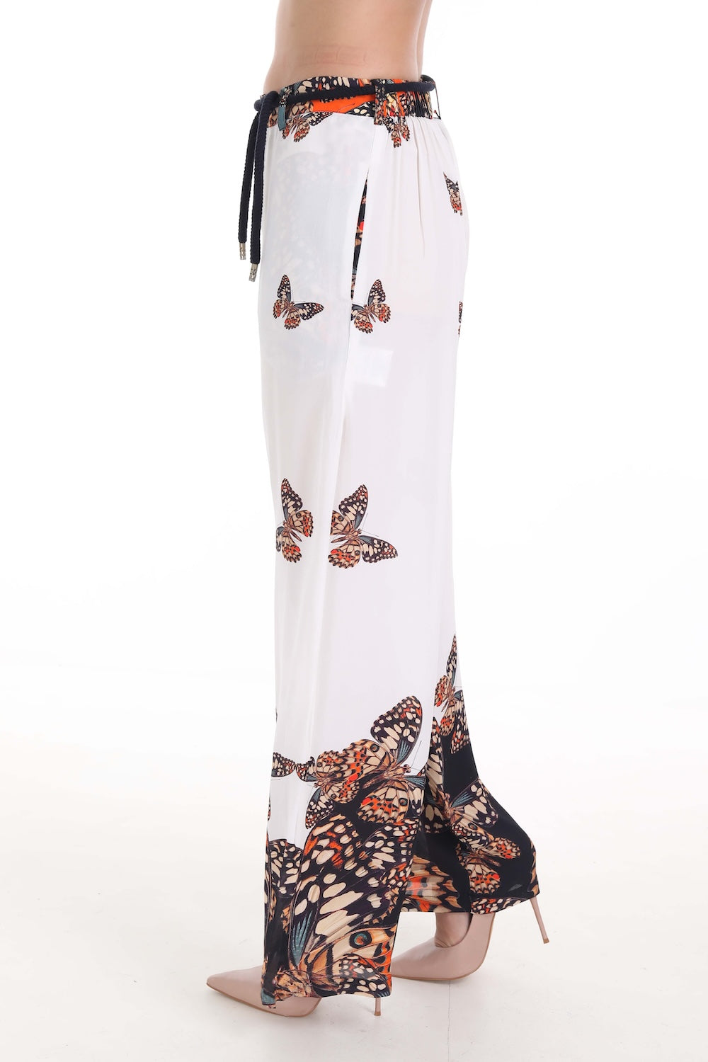 Side view of the Orange, White & Black Corasone Lucy Pants (TheSwankStore) Soft Viscose fabric