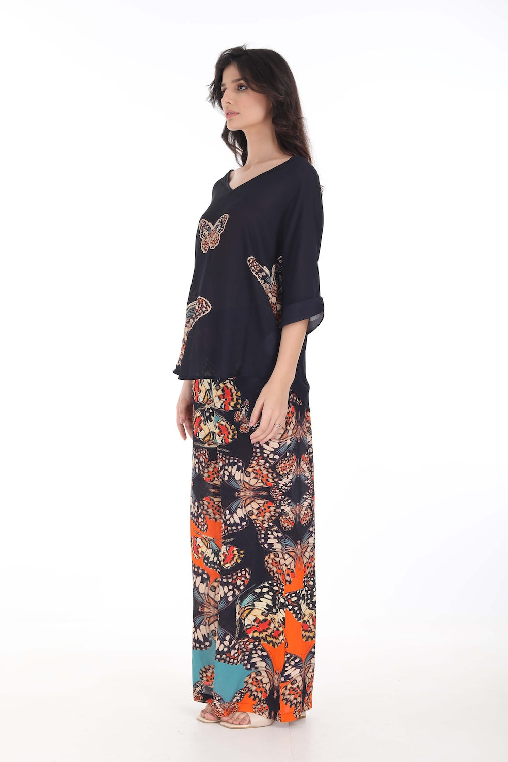 Side view of the Orange, White & Black Corasone Kaftan Top (TheSwankStore) Soft Viscose fabric