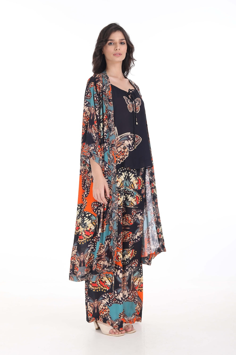 Side view of the Orange, White & Black Corasone Kimono Shrug (Long) (TheSwankStore) Soft Viscose fabric