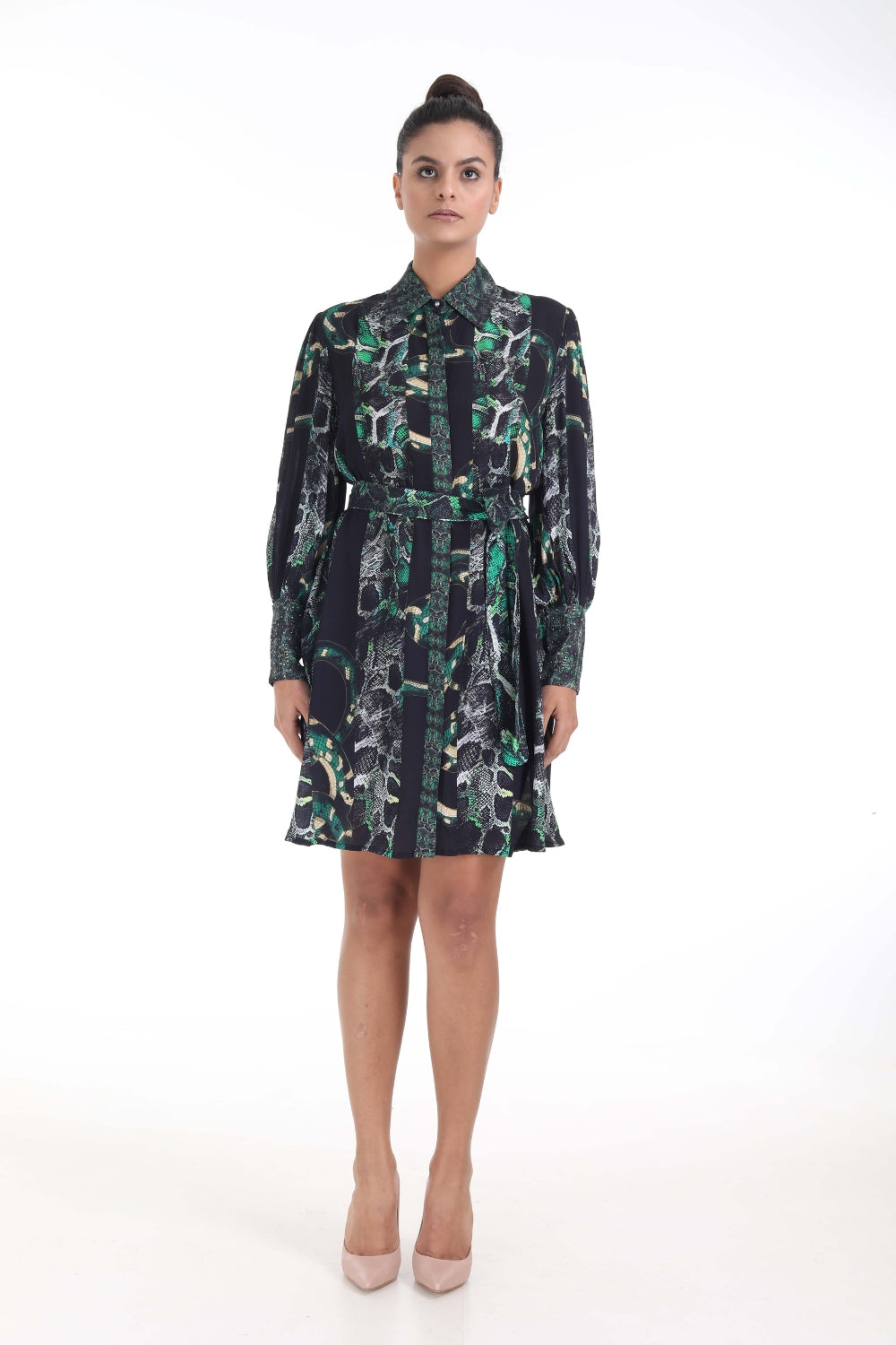 Front view of the Green, Yellow & Black Seraphin Midi Shirt Dress (TheSwankStore) Soft Viscose fabric