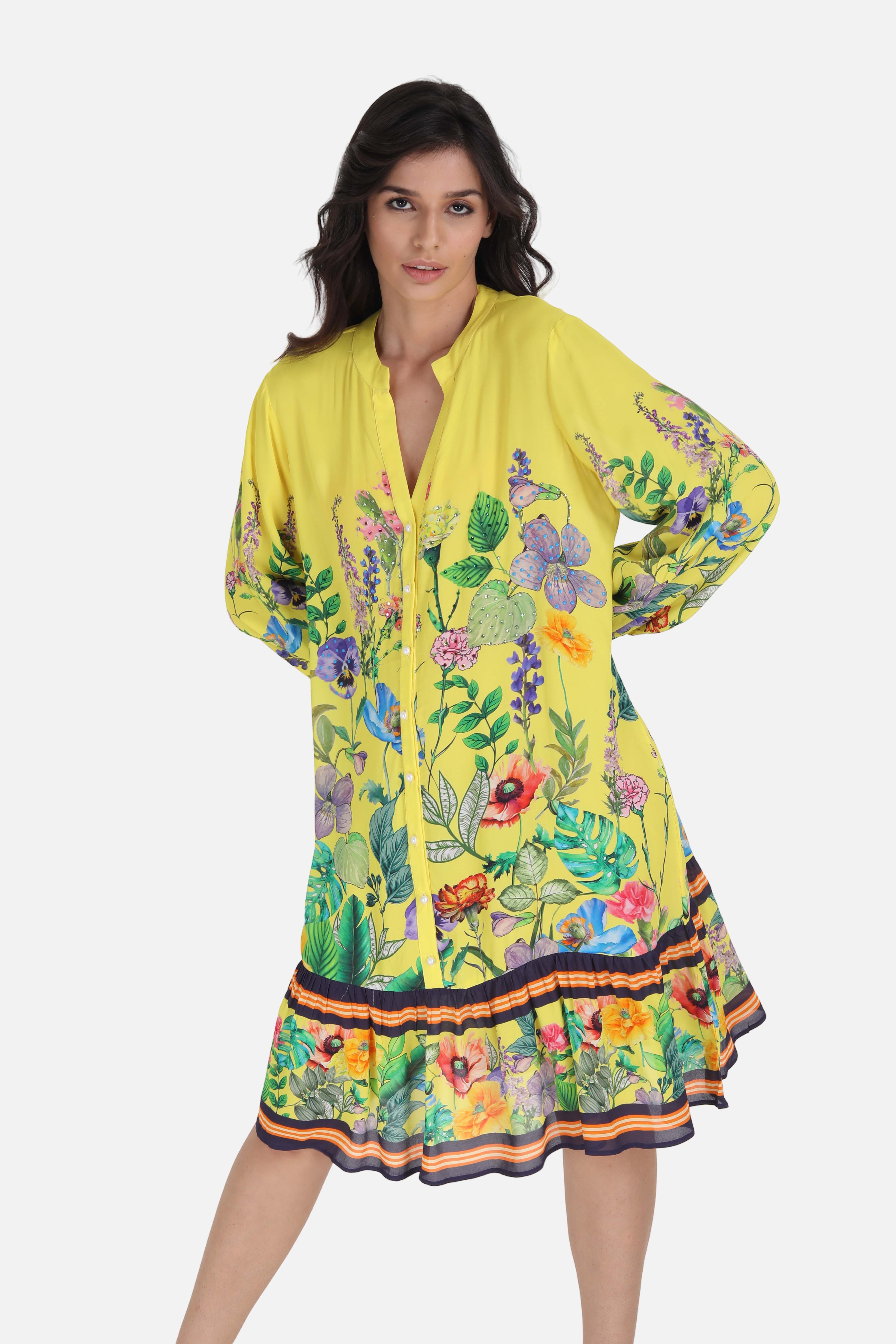 Yellow and green Calico Ava Dress (TheSwankStore) Viscose Crepe fabric