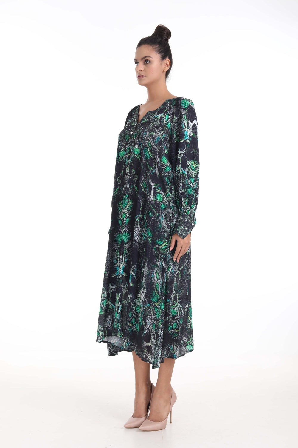 Side view of the Green, Yellow & Black Seraphin Cynthia Midi Dress (TheSwankStore) Soft Viscose fabric