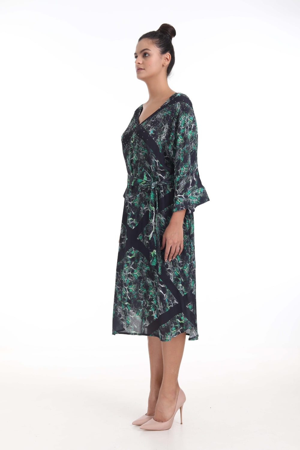 Side view of the Green, Yellow & Black Seraphin Midi Fish Dress (TheSwankStore) Soft Viscose fabric