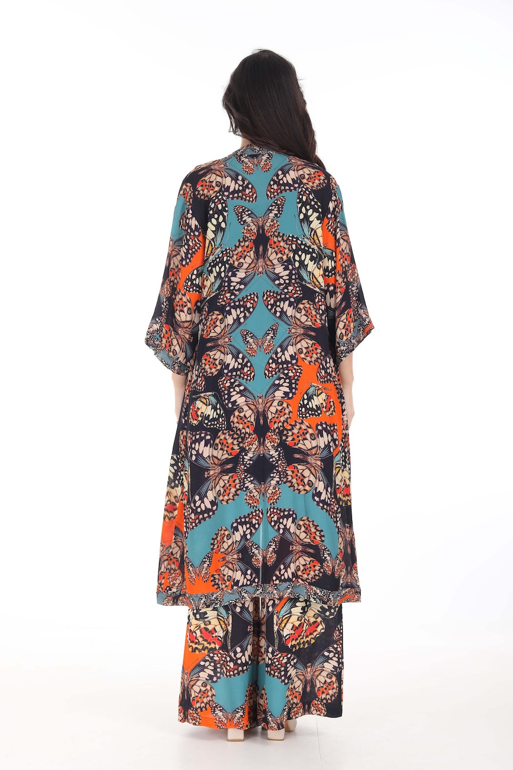 Back view of the Orange, White & Black Corasone Kimono Shrug (Long) (TheSwankStore) Soft Viscose fabric