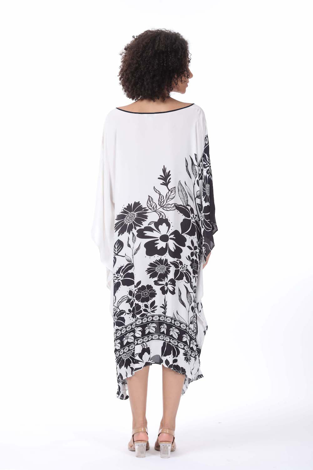 Back view of the black and white Avanti Short Kaftan (TheSwankStore) Viscose Crepe fabric