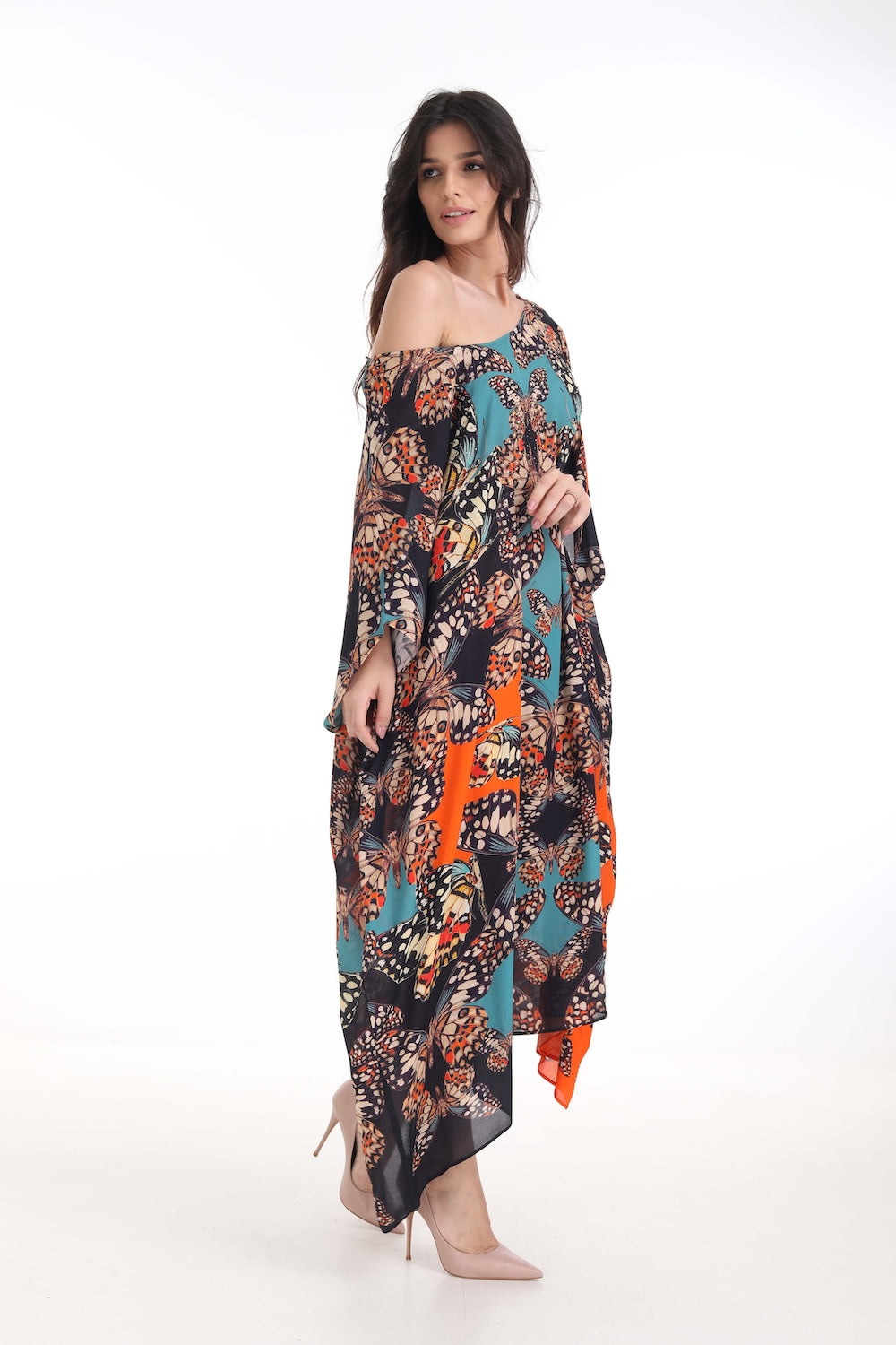 Side view of the Orange, White & Black Corasone Box Kaftan (TheSwankStore) Soft Viscose fabric