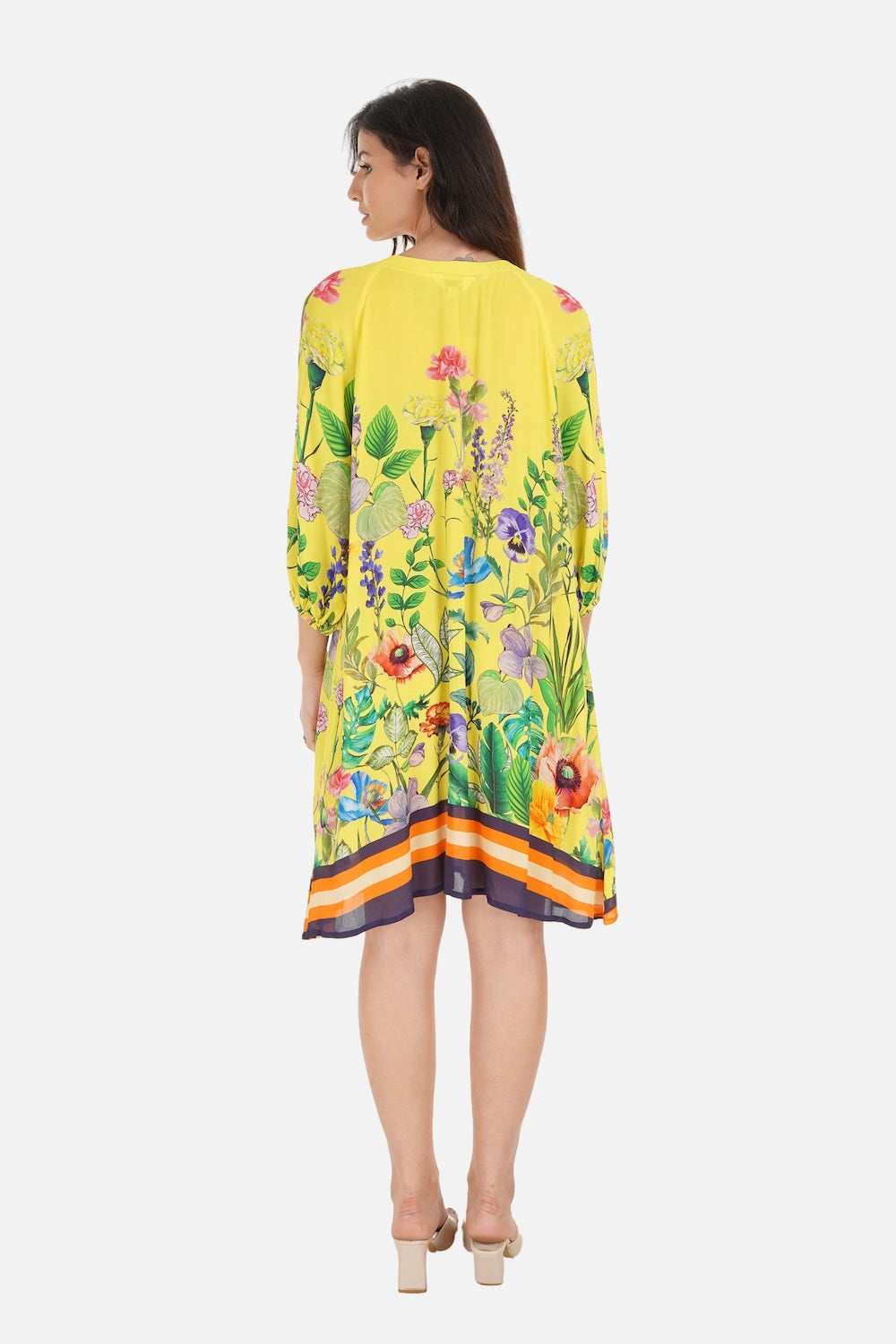 Back view of the Yellow, green and black Calico Blouson Tunic Dress (TheSwankStore) Viscose Crepe fabric