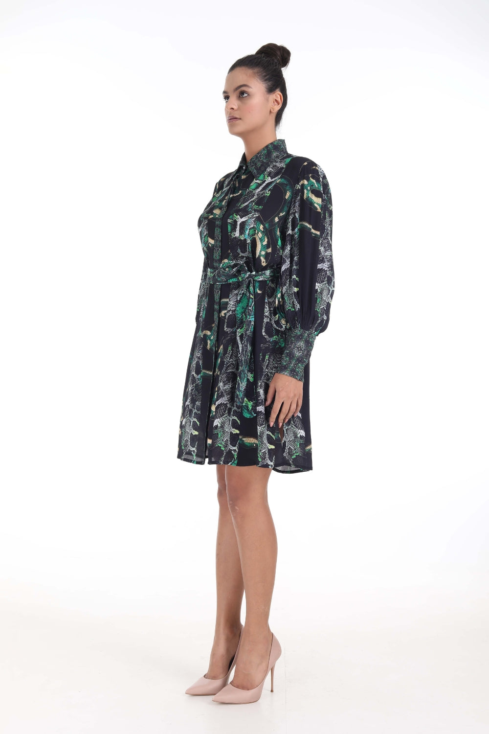 Side view of the Green, Yellow & Black Seraphin Midi Shirt Dress (TheSwankStore) Soft Viscose fabric