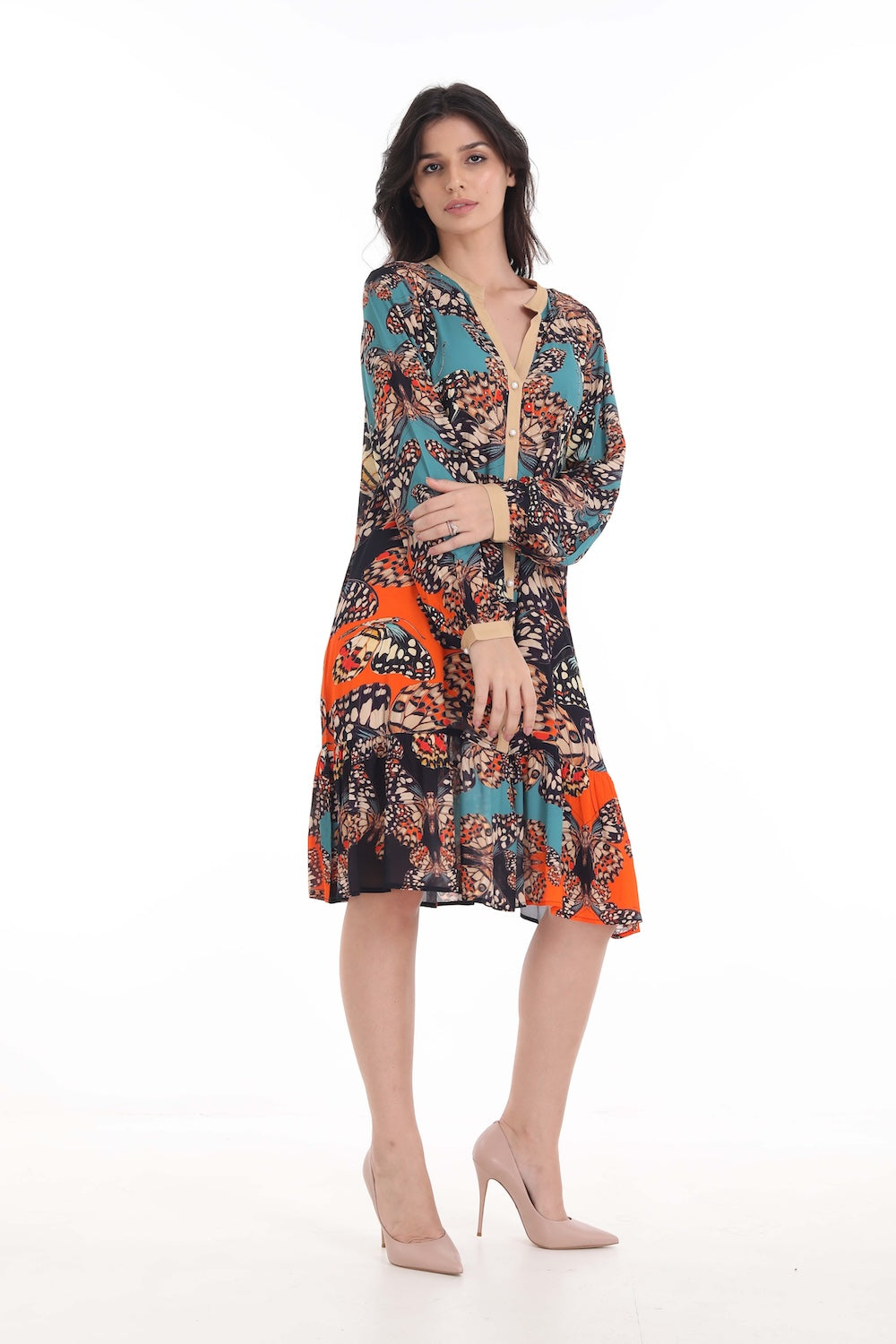 Front view of the Orange, White & Black Corasone Ava Dress (TheSwankStore) Soft Viscose fabric