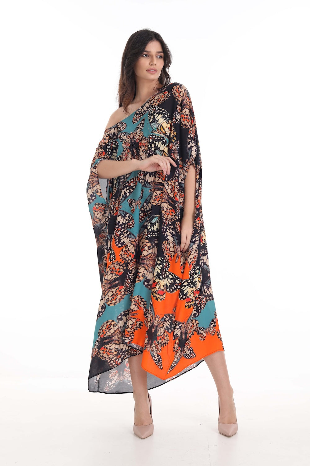 Front view of the Orange, White & Black Corasone Box Kaftan (TheSwankStore) Soft Viscose fabric