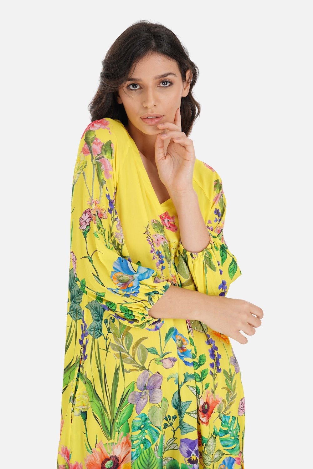 Yellow, green and black Calico Blouson Tunic Dress (TheSwankStore) Viscose Crepe fabric