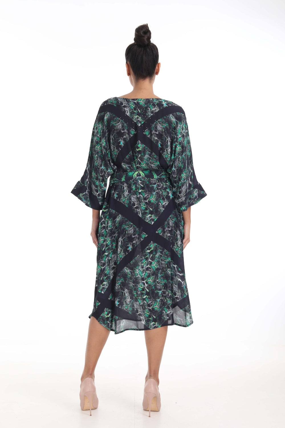 Back view of the Green, Yellow & Black Seraphin Midi Fish Dress (TheSwankStore) Soft Viscose fabric