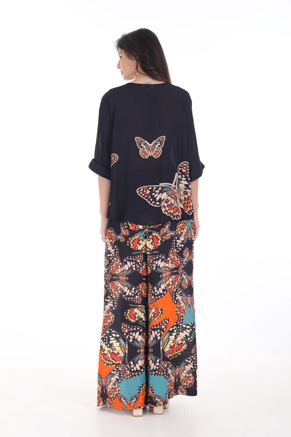 Back view of the Orange, White & Black Corasone Kaftan Top (TheSwankStore) Soft Viscose fabric