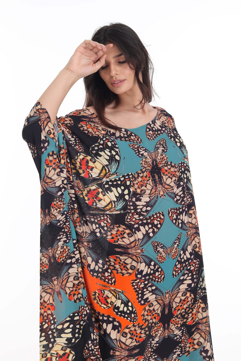 Front view of the Orange, White & Black Corasone Box Kaftan (TheSwankStore) Soft Viscose fabric