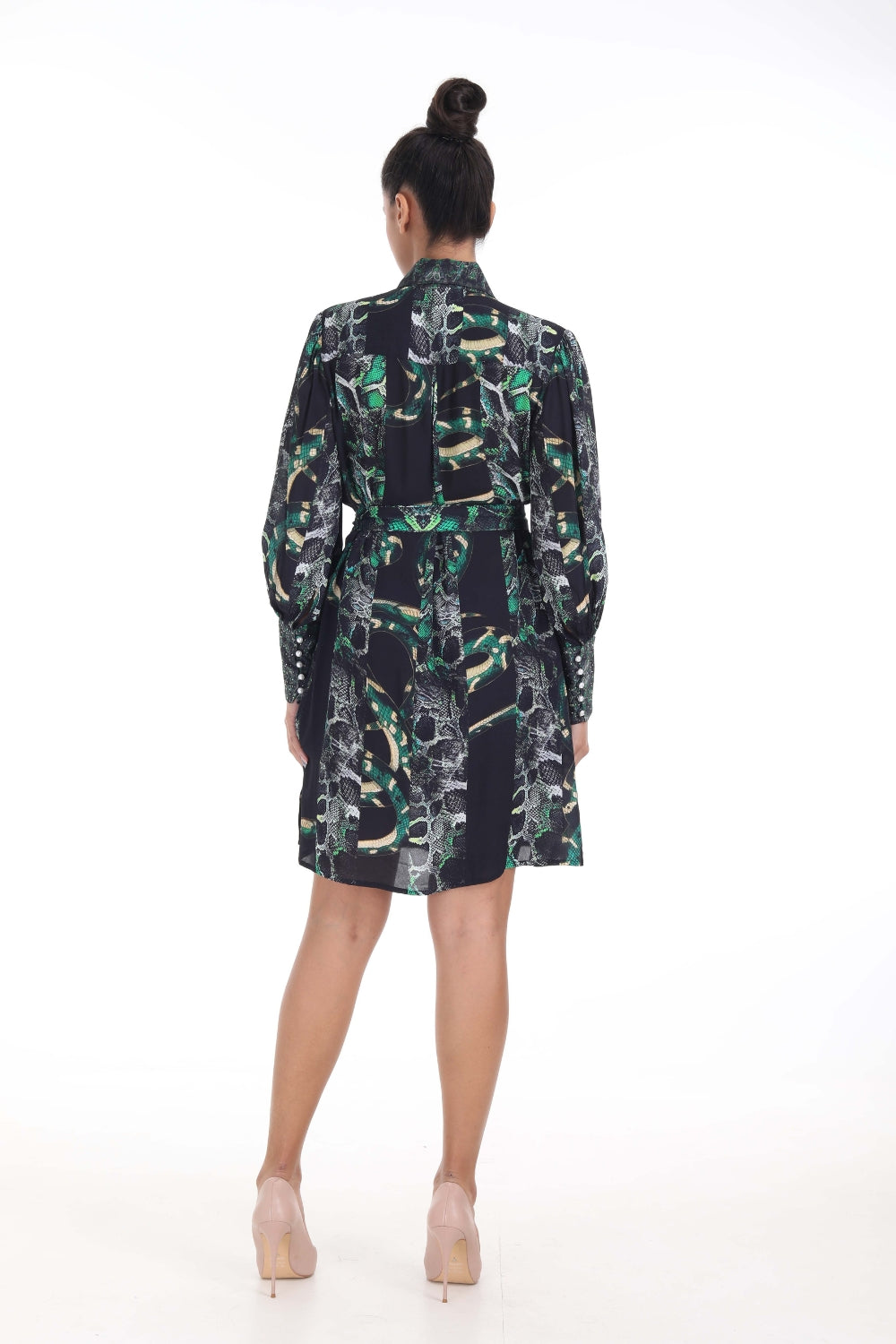 Back view of the Green, Yellow & Black Seraphin Midi Shirt Dress (TheSwankStore) Soft Viscose fabric