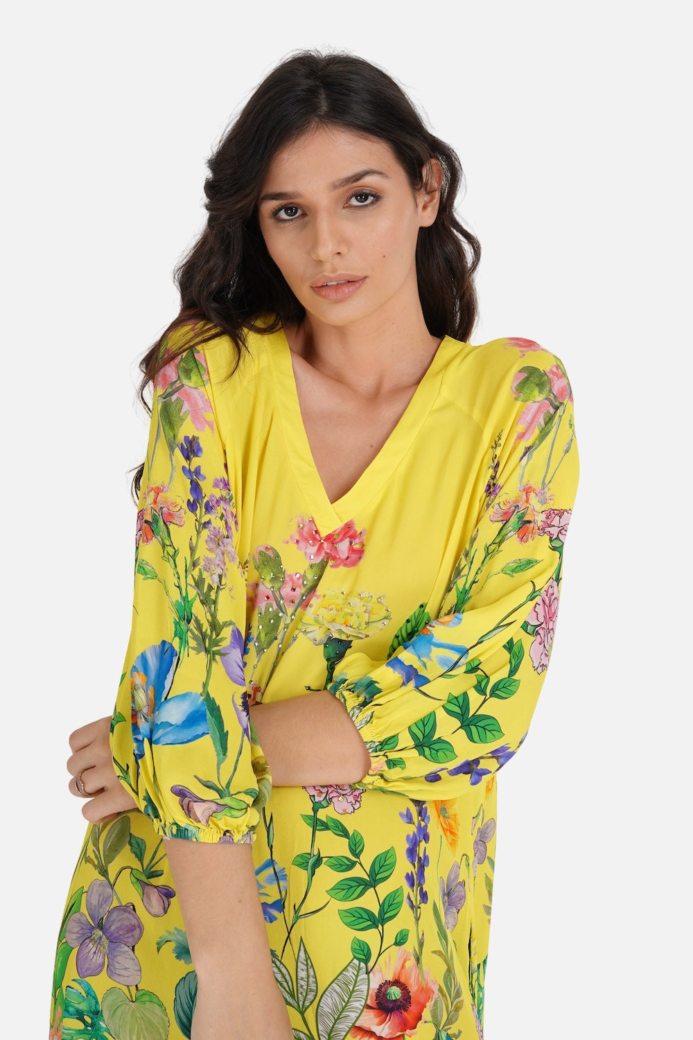 Yellow, green and black Calico Blouson Tunic Dress (TheSwankStore) Viscose Crepe fabric