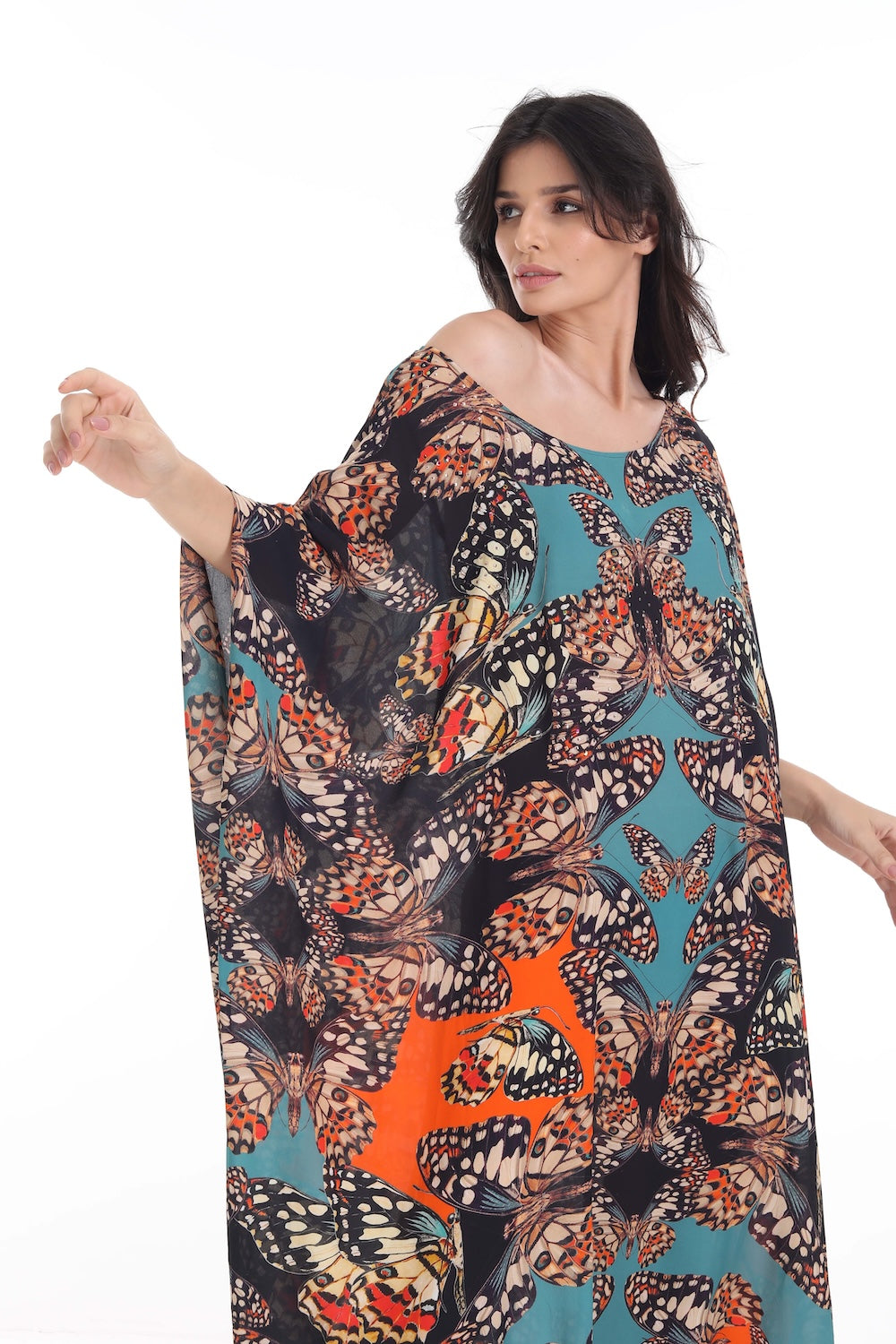 Front view of the Orange, White & Black Corasone Box Kaftan (TheSwankStore) Soft Viscose fabric