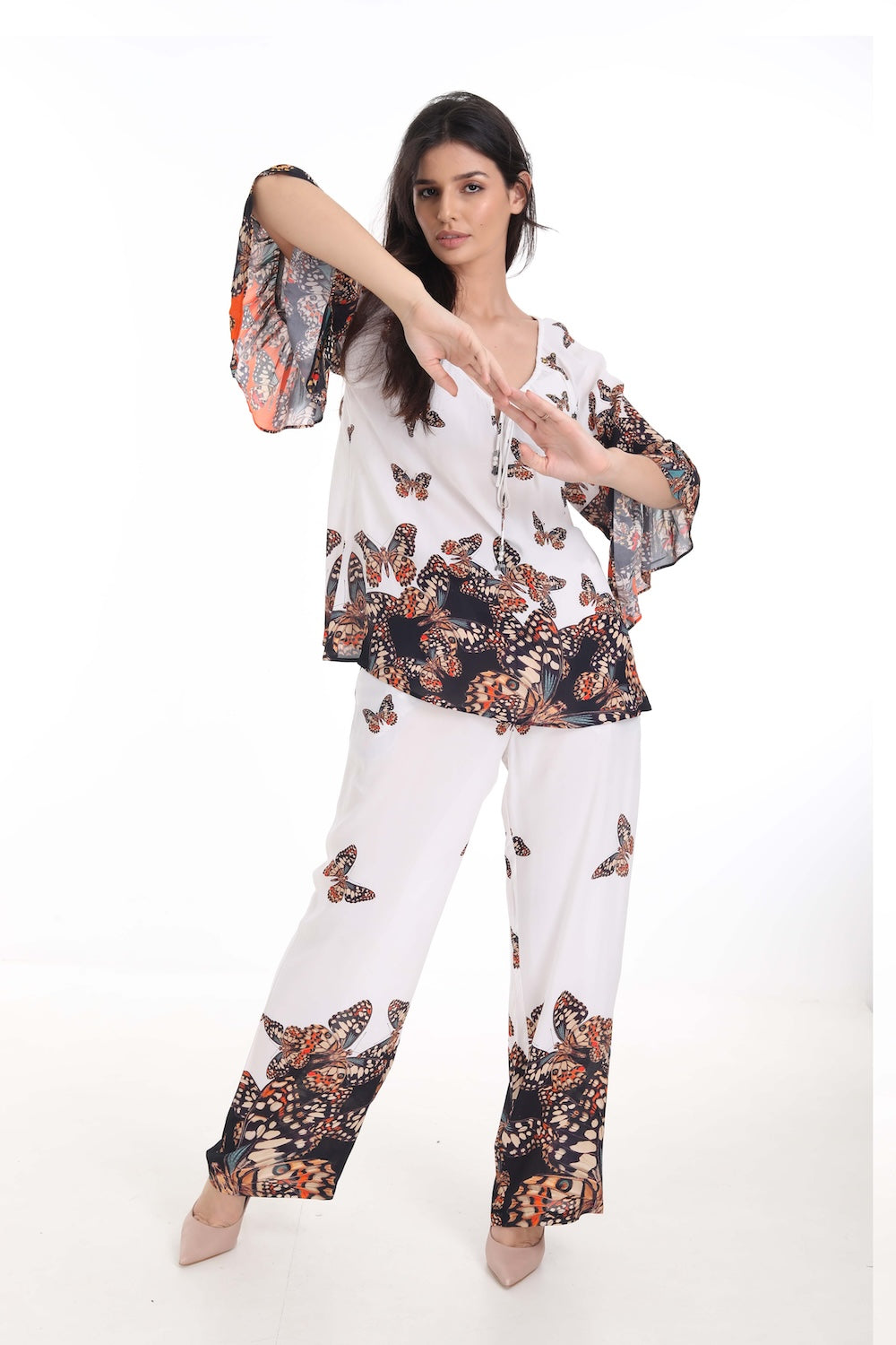 Front view of the Orange, White & Black Corasone Gypsy Tunic (TheSwankStore) Soft Viscose fabric