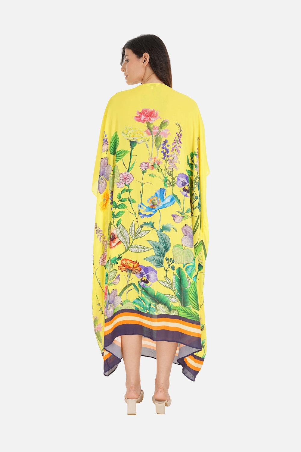 Back view of the Yellow, green and black Calico Box Kaftan (TheSwankStore) Viscose Crepe fabric