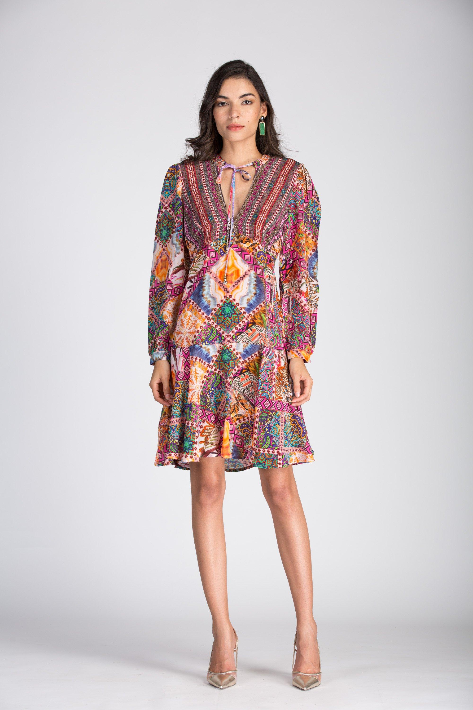 TUNISIA -  Boho Mini Dress With Bell Sleeve - TheSwankStore