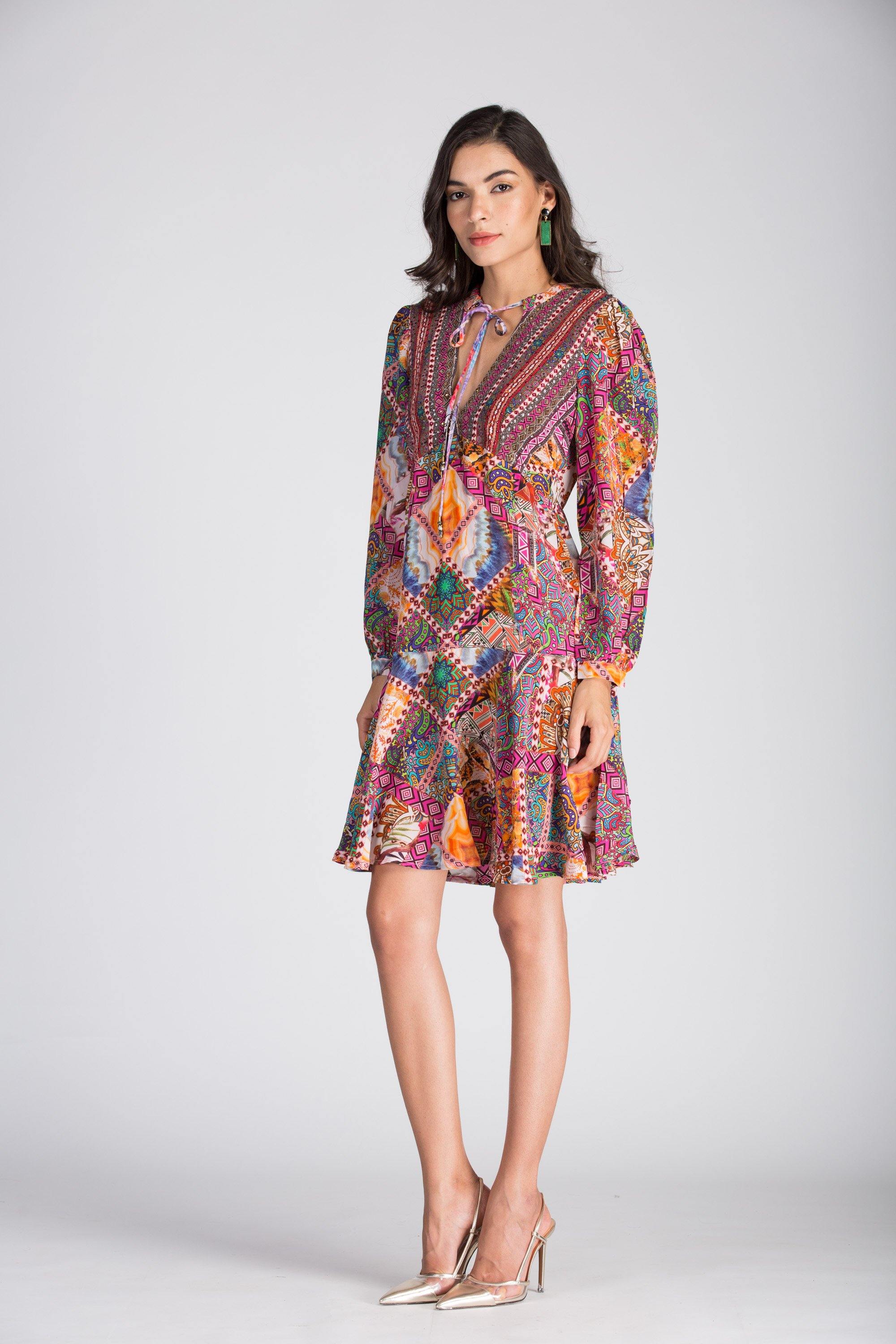 TUNISIA -  Boho Mini Dress With Bell Sleeve - TheSwankStore