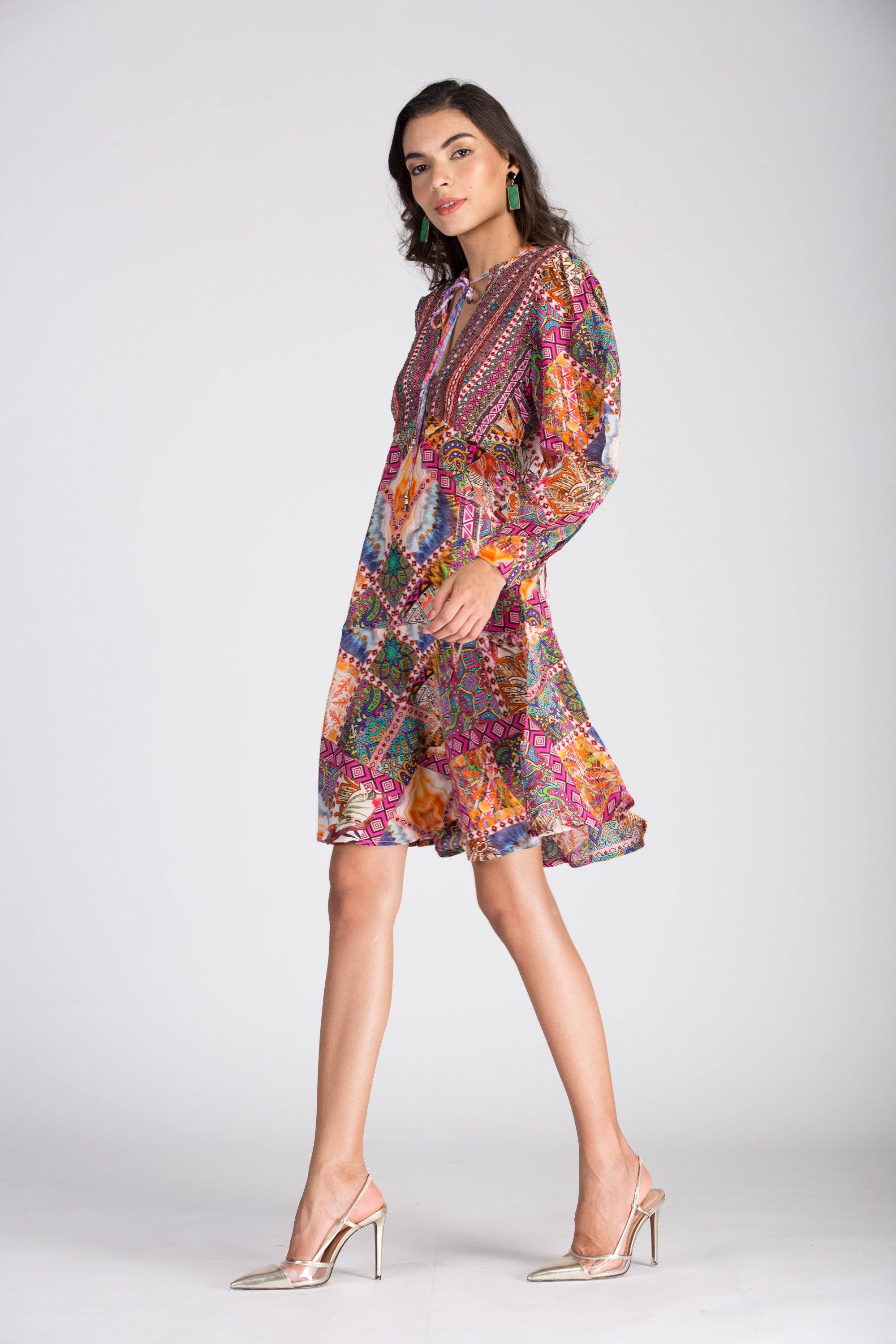 TUNISIA -  Boho Mini Dress With Bell Sleeve - TheSwankStore