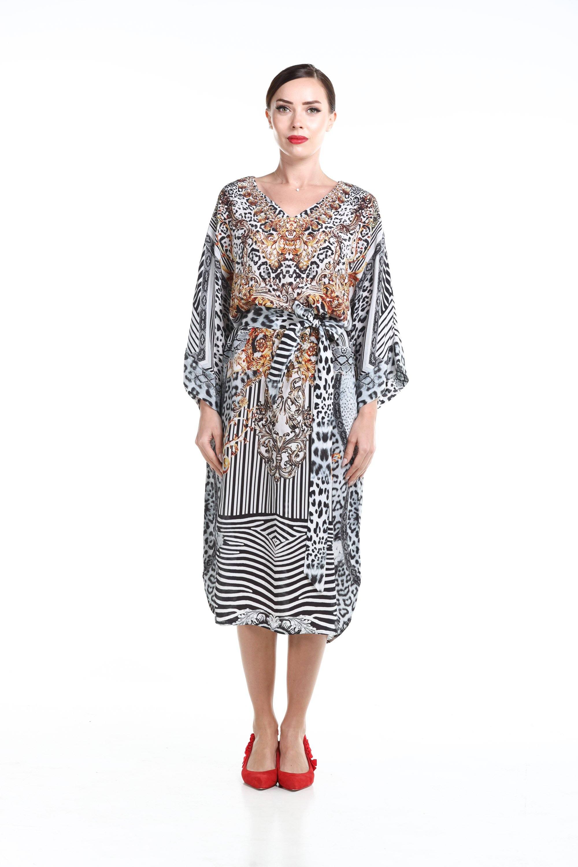 Front view of the Black, White & Orange Zaffari Midi Dress With Short Sleeve (TheSwankStore) Soft Viscose fabric