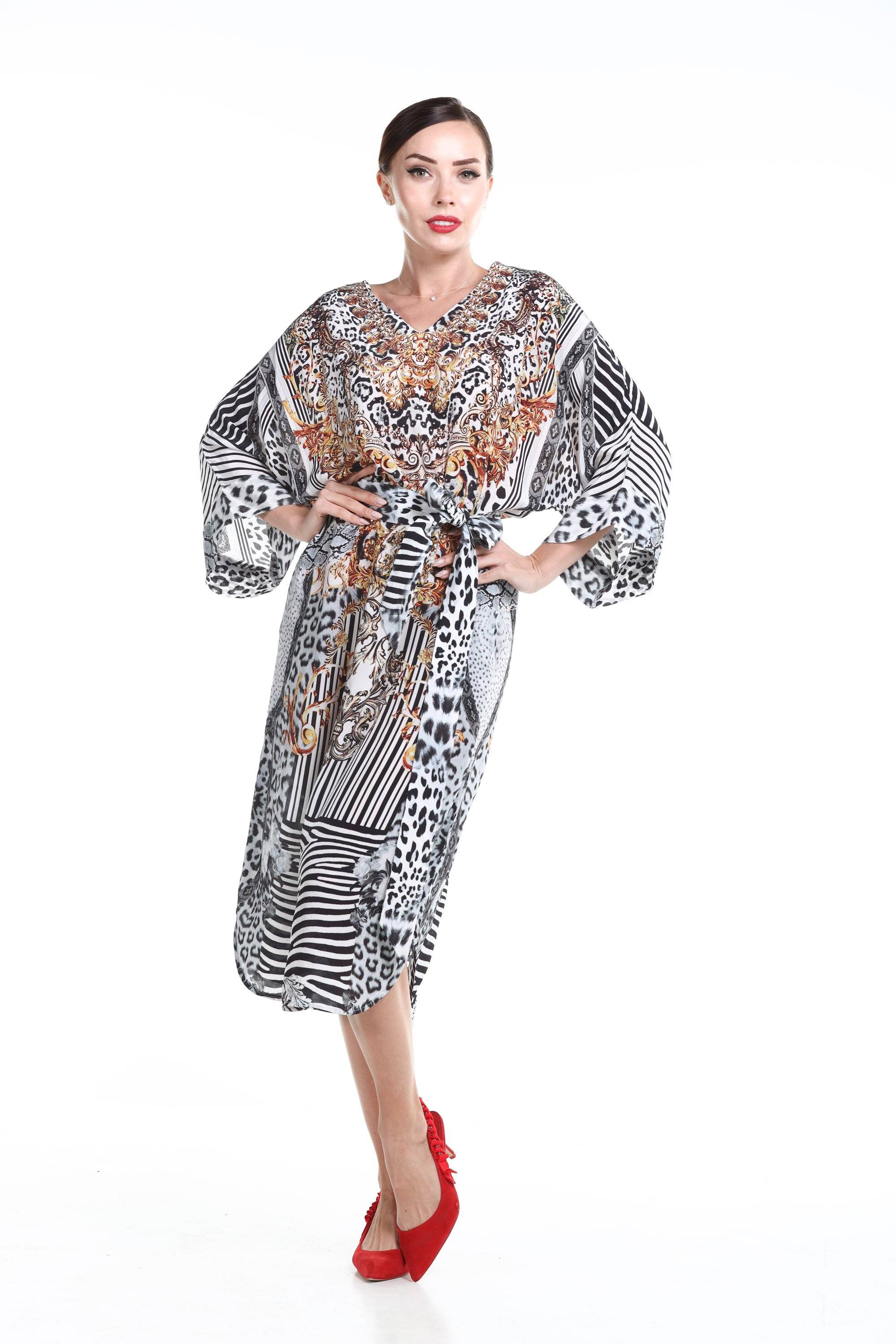 Front view of the Black, White & Orange Zaffari Midi Dress With Short Sleeve (TheSwankStore) Soft Viscose fabric